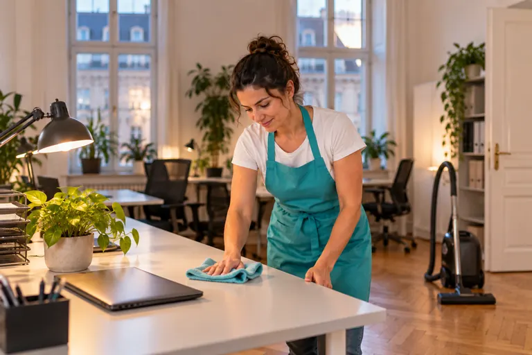 Reinigungskraft wischt einen Schreibtisch im Büro, daneben steht ein Staubsauger