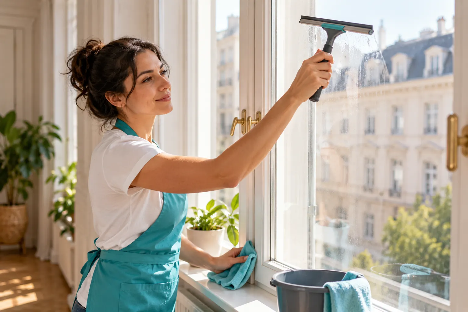 Hausfee putzt ein Altbaufenster in Wien