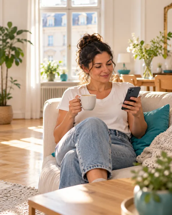 Frau sitzt mit Kaffeetasse und Smartphone auf dem Sofa in ihrem Wohnzimmer