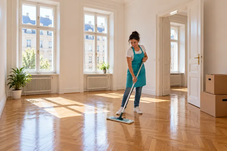 Reinigungskraft wischt den Boden einer leeren Wohnung, daneben stehen Umzugskartons